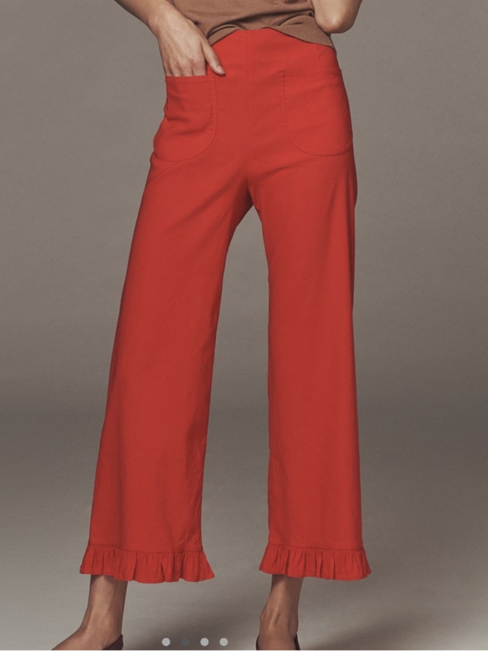 Anthropologie COLETTE Cropped Wide-Leg Ruffle Hem Pants Maeve Magic Fabric RED